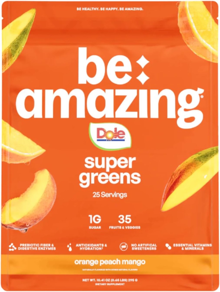 BE AMAZING Super Greens prášok s prebiotikami, tráviace enzýmy a antioxidanty, 35 ovocie a zelenina, Electrolytes & Fiber, Vegan, lepidlo zadarmo šťava a smoothie Mix, Dole Orange Peach Mango, 25 Serv