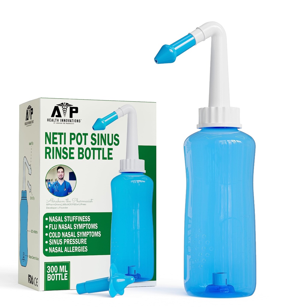 Neti Pot Sinus Rinse Bottle for Natural Sinus Relief - Nose Wash Cleaner Pressure Rinse for Adult & Kid - Nasal Irrigation System by Abraham The Pharmacist