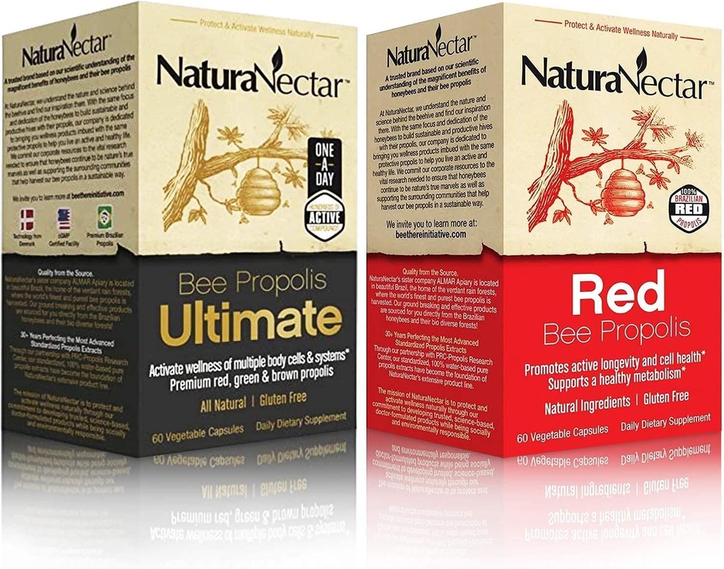 NaturaNectar Natural Bee Propolis Bundle - Bee Propolis Ultimate a Red Propolis - pre Immune and Respiratory Support a zdravý metabolizmus - 60 kapsúl na fľašu