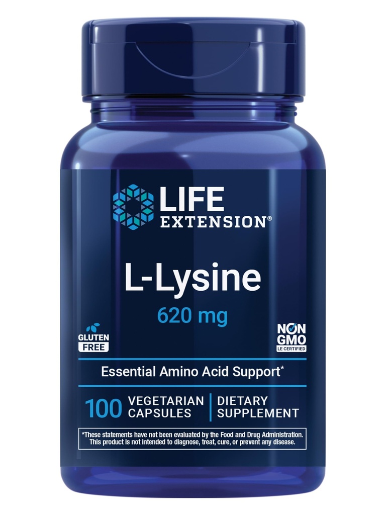 Life Extension L-lyzín, 620 mg, Essential Amino Acid for Healthy nitrogen Balance, Calcium Metabolisment, Stress Response & More, Gluten-free, Non-GMO, Vegetarian, 100 Kapsule