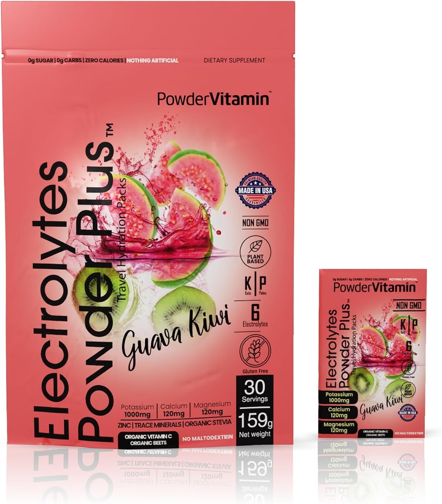 Prášokvitamín Electrolytes Powder Plus, Keto, Guava Kiwi, Zero Sugar, 1000mg Draslík, 120mg Vápnik, 120mg horčíka, Non-GMO, Zero kalórií, 30 Hydratačné balíčky