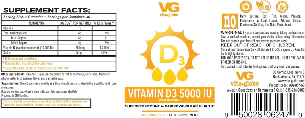 VITA GLOBE Vitamín D3 10 000IU s zinkom a echinaceou Gummy - podporuje zdravý imunitný systém, silné kosti, zuby a svaly, 120 počet (2-Pack)