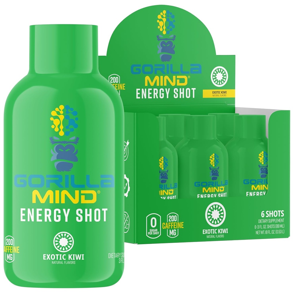 Gorilla Mind Energy Shots (Pack of 6) - Rozšírené zaostrenie & Energy, bez cukru, Fast-Acting, Silný vzorec s vitamínmi a prírodnými extraktmi (Exotic Kiwi)