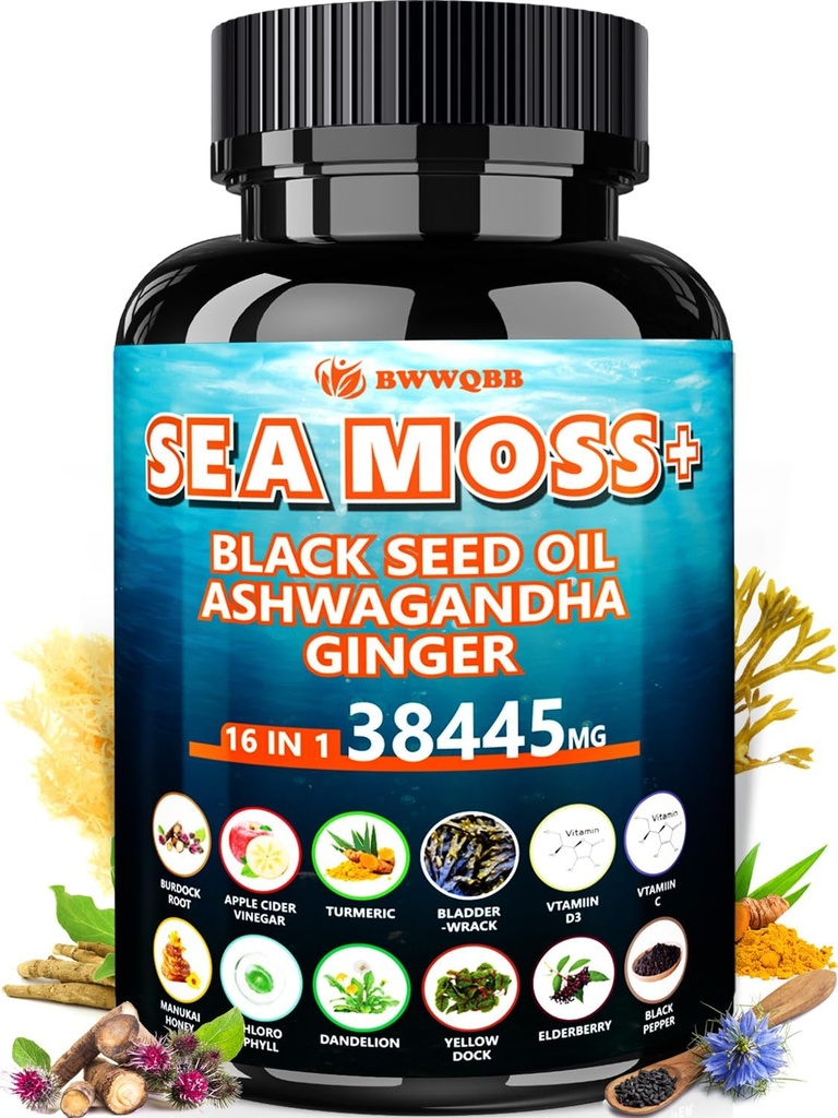Sea Moss 350mg Black Seed Oil 200mg Ashwagandha 100mg Turmerica 100mg Bladderwrack 100mg Burdock 100mg,All-in-1 Sea Moss Kapsule 60