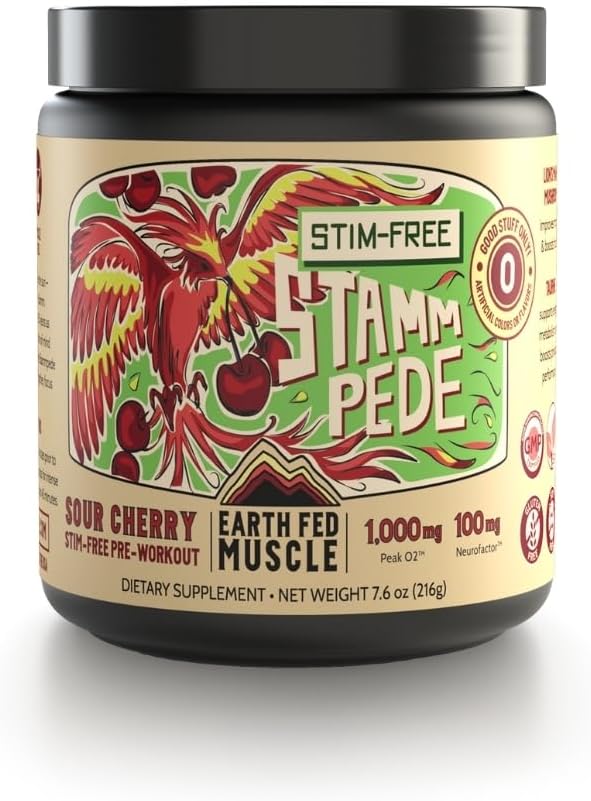 Earth Fed Muscle Stammpede Kyslá čerešňová pred tréningu prášok pre mužov a ženy, Pre cvičenie bez kofeínu, Vegan & Gluten zadarmo, Boosts Focus & Vytrvalosť, Lion