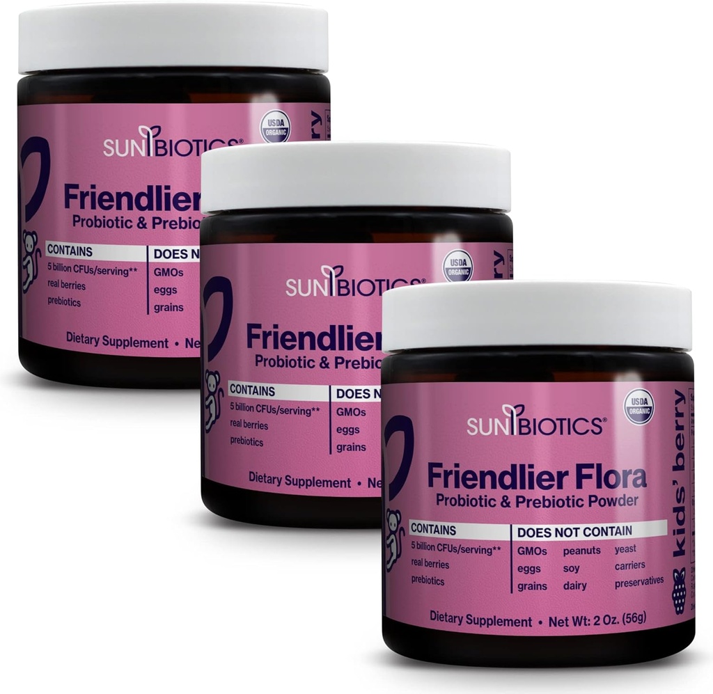 SUNBIOTICS Friendlier Flora - Deti Prebiotický a probiotický prášok doplnok s 5 miliardami CFU 5 probiotických kmeňov pre dobré Gut Flora, Immune System, & Balanced Microbiome - Berry, (Stock of 3)