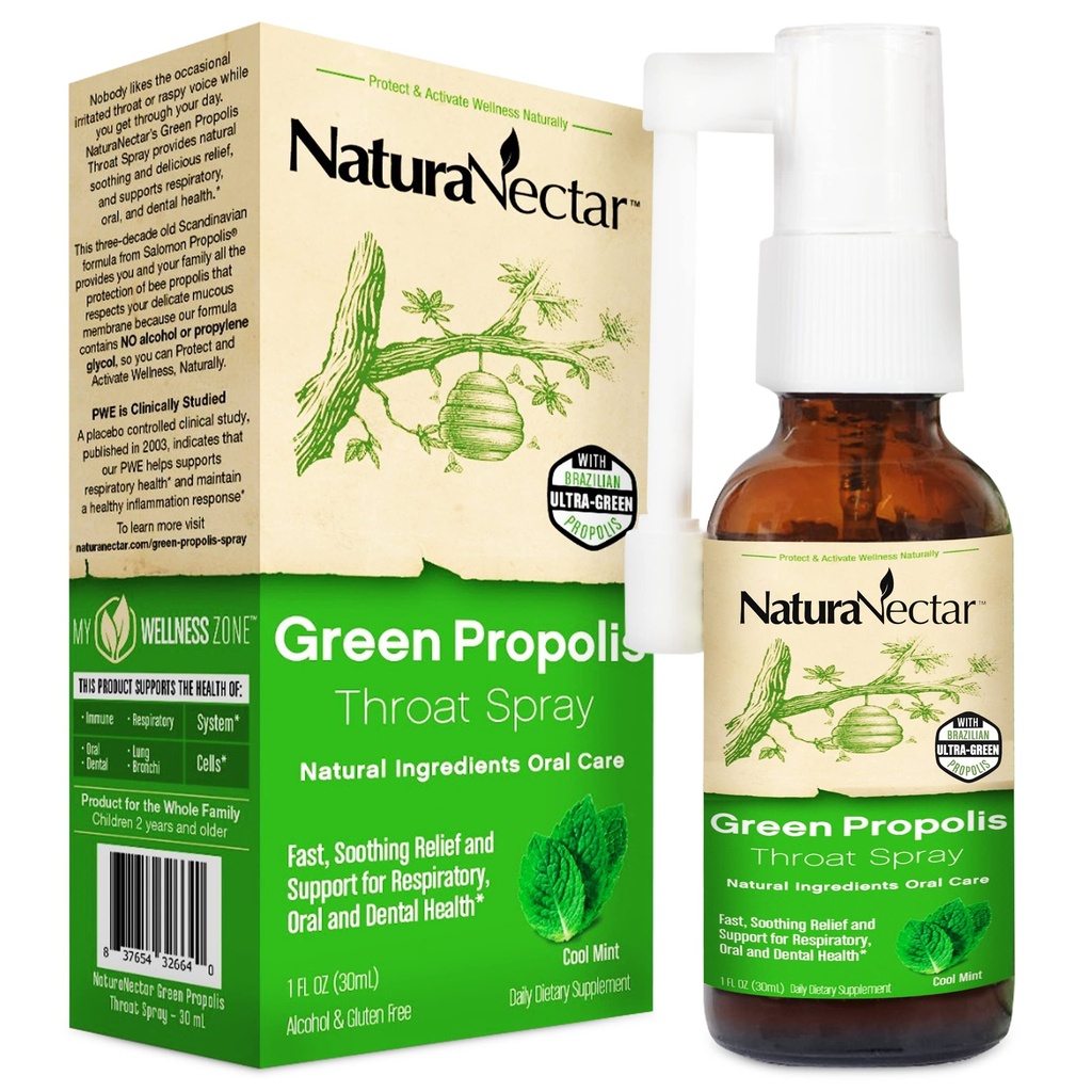NaturaNectar - Green Propolis Troat Spray - Unikátny, Ukľudňujúca starostlivosť o hrdlo s brazílskou Bee Propolis - Prírodné a nealkoholické starostlivosť o hrdlo Formula z trvalo udržateľného včelárstva (1-Pack, 30ml)