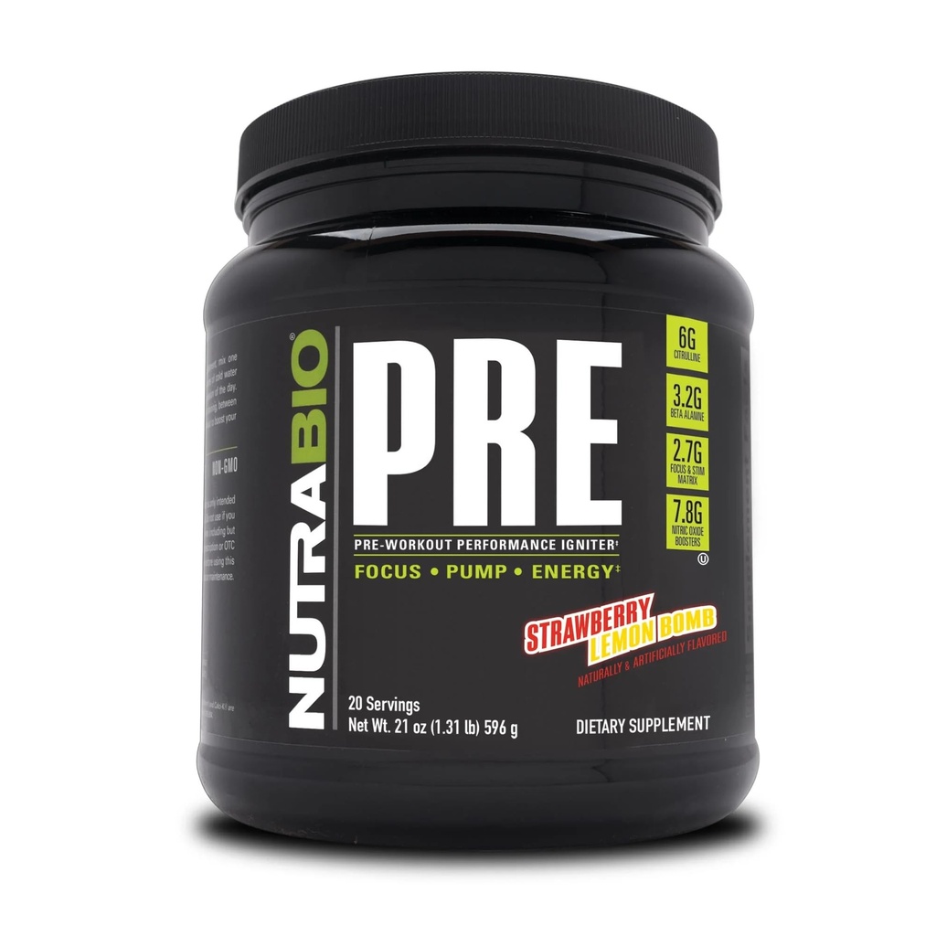 NutraBio PRE Cvičenie Powder - Stará formula- Trvalá energia, Mental Focus, Vytrvalosť - Beta Altanine, Kofeín, Elektrolyty - 20 Servírovanie - Strawberry Lemon Bomb