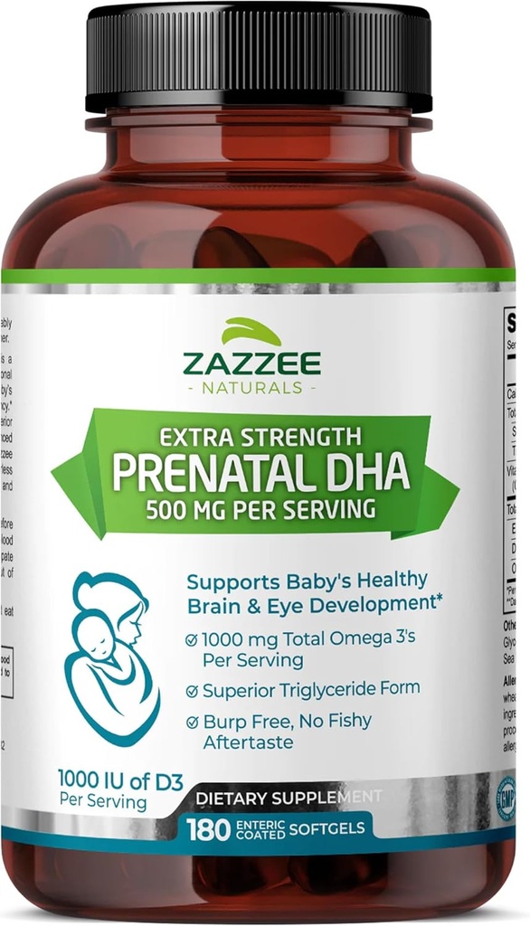 Zazzee Extra sila Prenatálna DHA 500 mg, 180 Enteric Coated Softgels, 1000 mg Omega 3