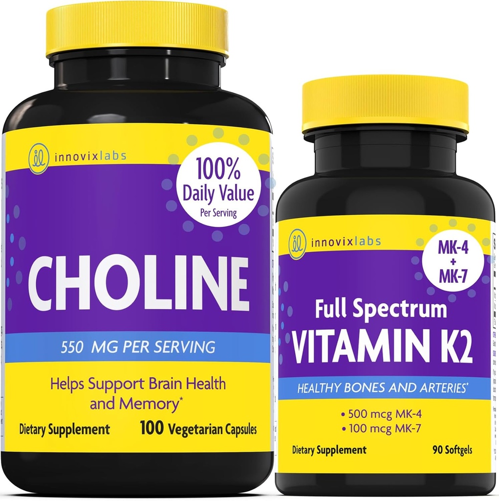 InnovixLabs Choline & Vitamín K2 Bundle Choline bitartrát 550 mg (100 kapsúl) Full Spectrum Vitamín K2 (90 softgelov). Podporuje pamäť, náladu, zdravie mozgu a zväčšovanie kognitívnych funkcií.*