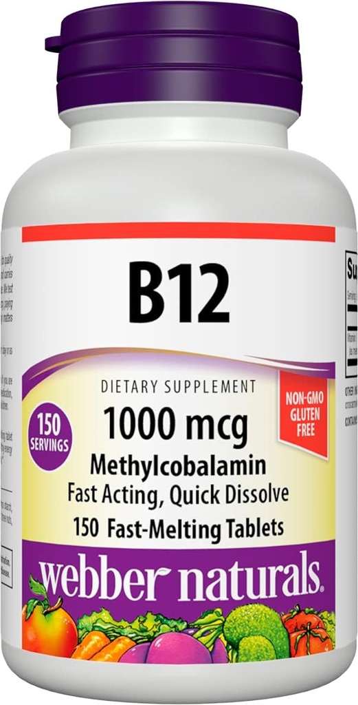 Webber Naturals Vitamín B12 1000 μg, 150 g, rýchle rozpustené tablety, vitamínové doplnky pre energetický metabolizmus, imunitné a srdcové zdravie, vegetariánska formula, 150 dní dodávky