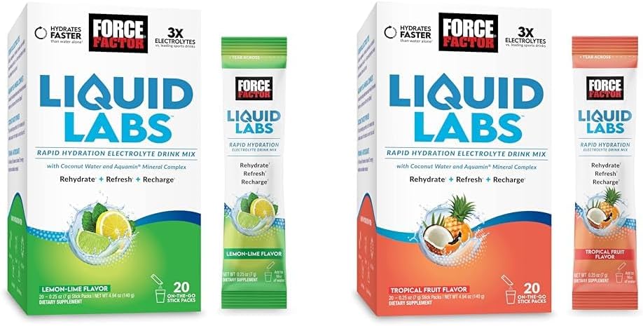 Zásobník FORCE FACTOR Tekuté Labs Electrolytes prášok, hydratačné balíčky na výrobu Electrolyte vody s vitamínmi, minerálmi a antioxidanty. Citrónová-lime chuť + Tropická ovocná chuť, 40 Stick balenia