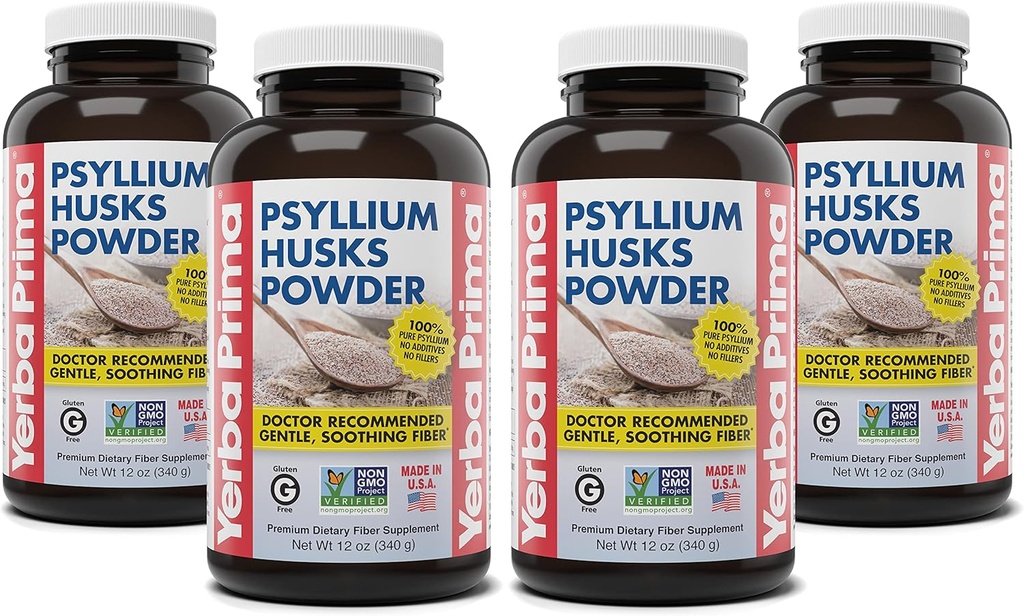 Yerba Prima Psyllium Husks Powder - 12 oz (Pack of 4) - Natural Fiber Supplement - Colon Cleans - Gut Health - Vegan, Non-GMO, Gluten-Free (Nová značka - Balenie Máj Vary)