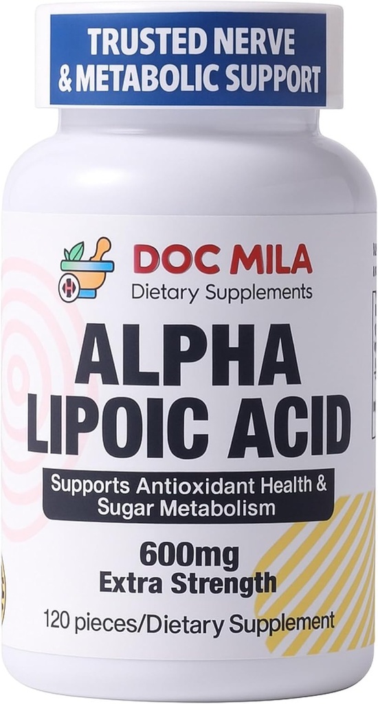 Alpha Lipoic Acid 600mg 120 Caplets - Nerve Sicasias Periférna neuropatia Podpora - Bezlepkové lepidlo, Vegan a Non-GMO pre dospelých