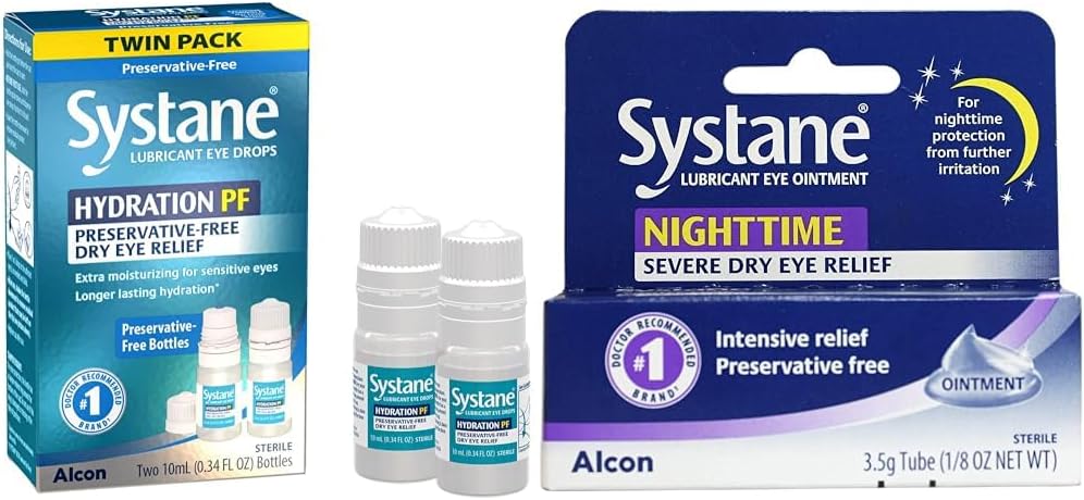 Systane Hydration Multi-Dose Conservative-Free Eye Drops Dry Eye Relief Twin Pack (2x10ml) & Nighttime Lubricant Eye Masť 3,5g Tube