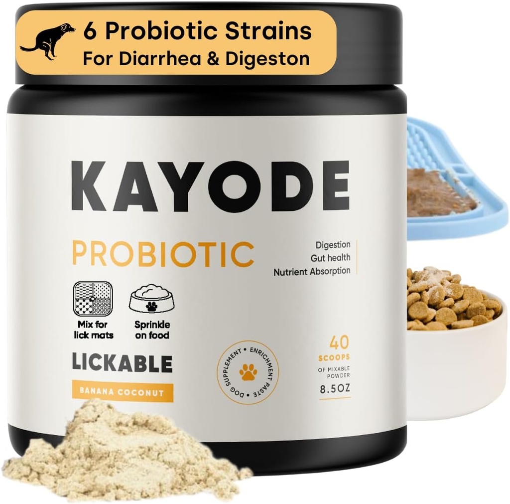 Kajode Lickable Probiotiká pre psy - silný pes Digestívna pomoc a pes hnačka Relief. pre psov Lick Mats alebo ako jedlo Topper. Chutné banana kokosové chute. 7 pes probiotické kmene.