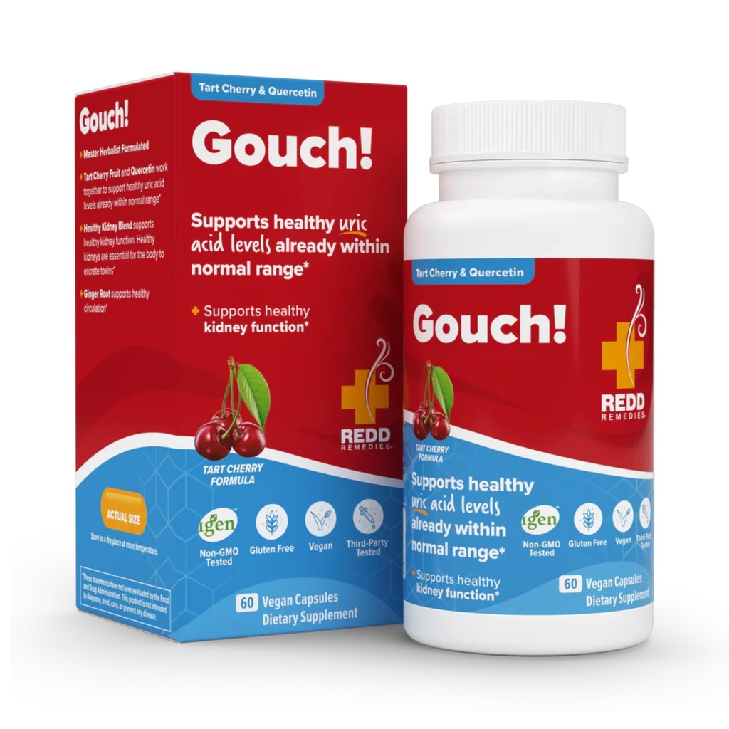 Redd Remedies, Gouch!, Supplement Support for Joints and Uric Acid Levels, Podporuje zdravú zápalovú reakciu, Tart Cherry & Quercetin, 60 Vegan Kapsule