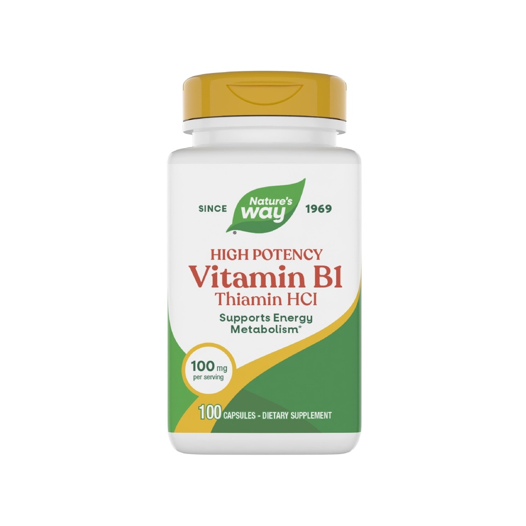 Nature's Way Vitamín B1, High Potency, 100 mg Thiamin per Serving, Thiamin HCl, podporuje energetický metabolizmus*, Gluten Free, 100 Kapsule (Backaging May Vary)