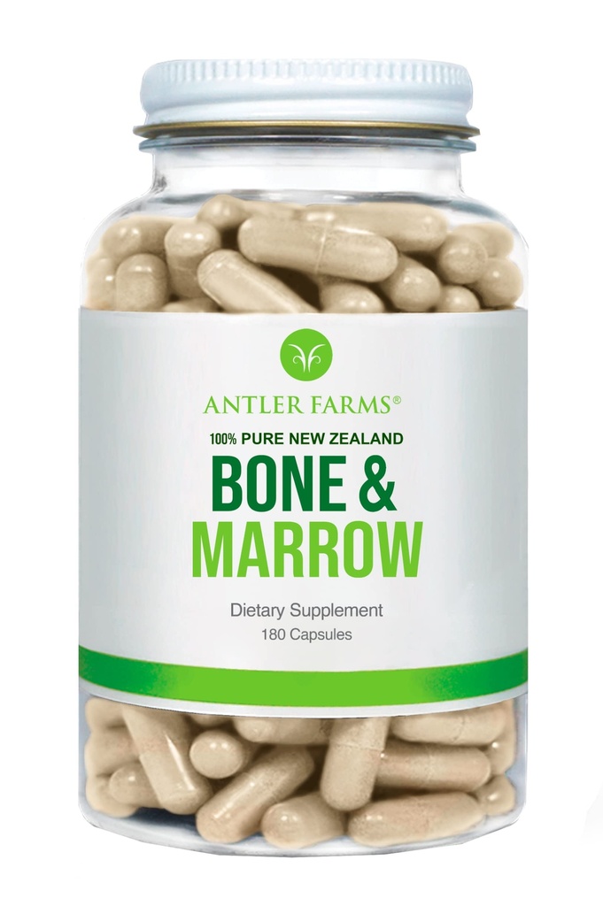 Antler Farmy - 100% Pure New Zealand Bone & Marrow, 180 Kapsule, 750mg - Tráva Fed, Pastúra zvýšil celý kostný extrakt, spracované za studena, zdravé esenciálne tuky, stehenné bunky, kolagén, vápnik