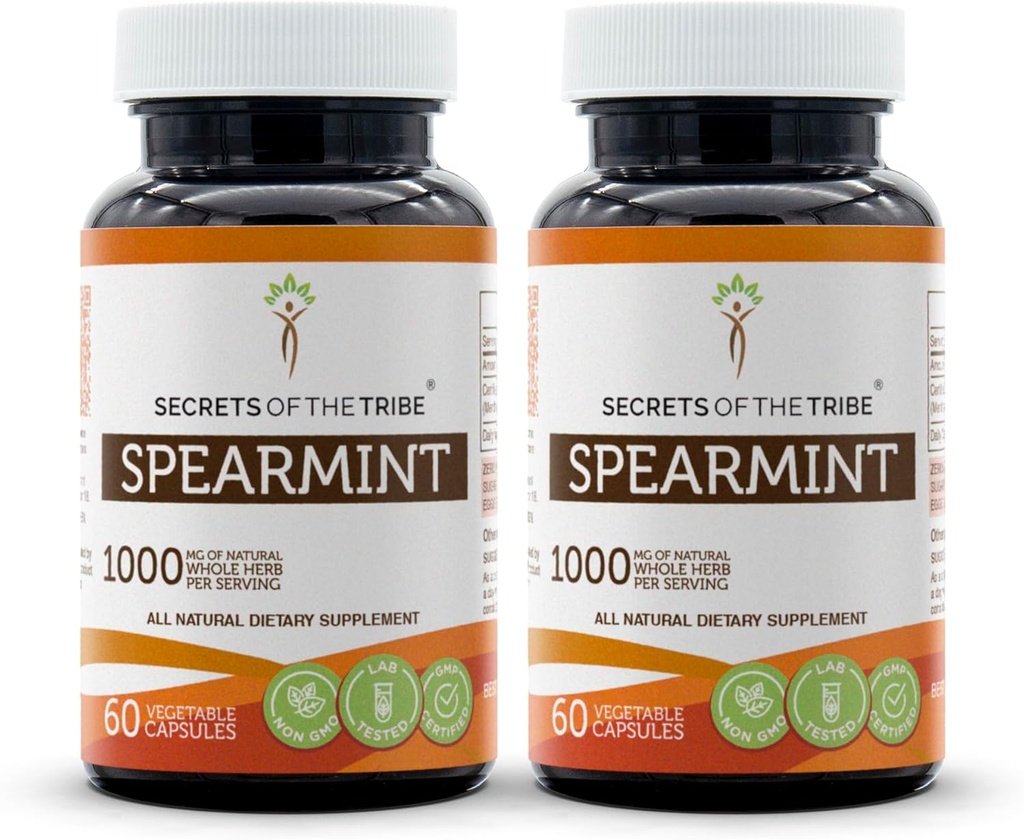 Tajomstvá kapsule Tribe Spearmint 1000 mg Spearmint (Mentha spikata) Sušené Leaf, Dámske Hormone Suplement (2x60 Kapsule)