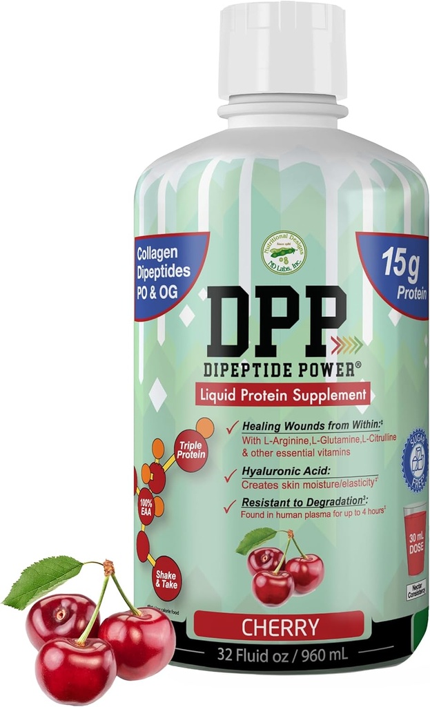 DPP Dipeptide Power, Wound-Healing, 30X viac kolagén dipeptidy ako prášok, tekutý proteín doplnok, bez cukru, podporuje zdravé tkanivo opravy, nohy vredy, Kozmetická chirurgia (Cherry, 32 Fl Oz)