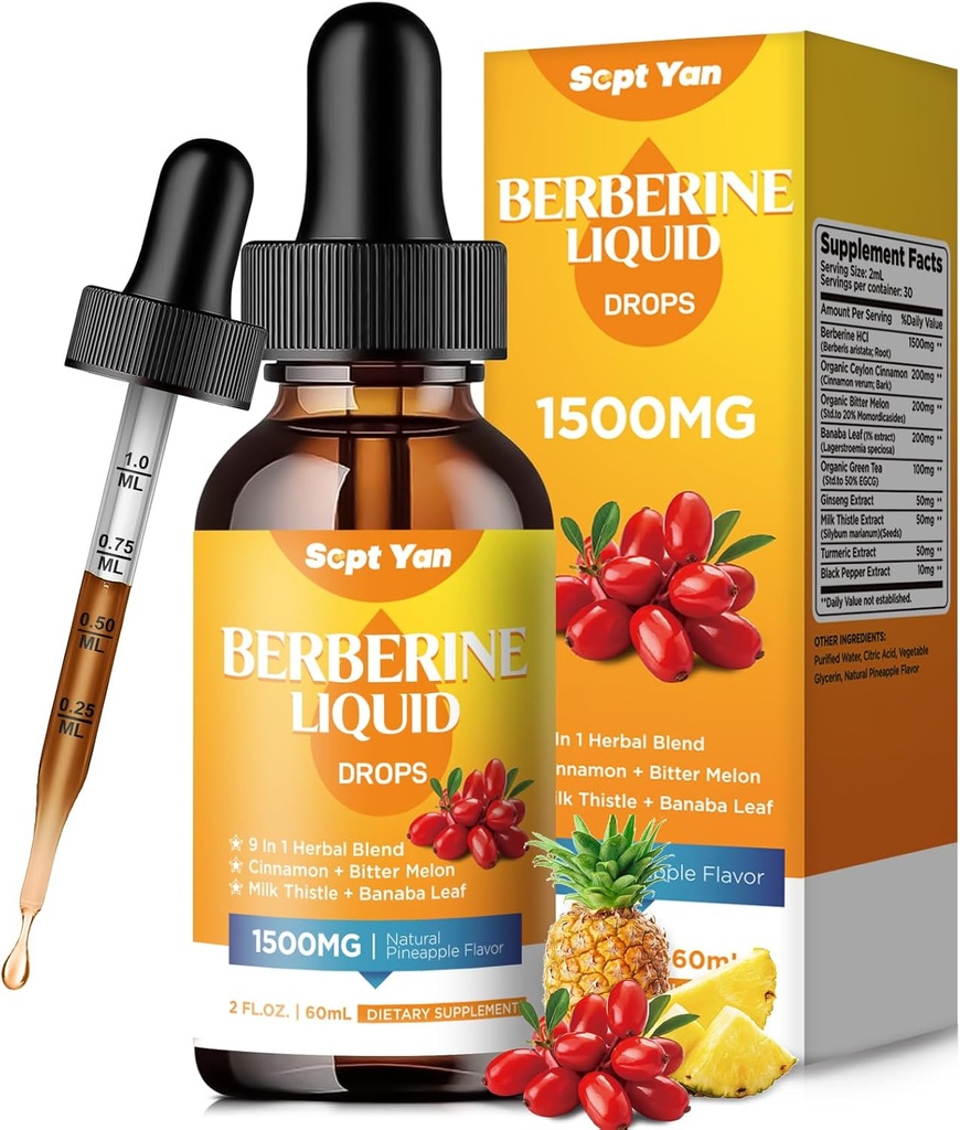 Berberine Supplement Liquid Drops- Berberine 1500mg s Ceylon škorica, Horká Melon, Banaba Leaf, Turmerica pre immune, Tráviaci systém, Podpora srdca, Prírodný ananásová príchuť, 2 Fl Oz