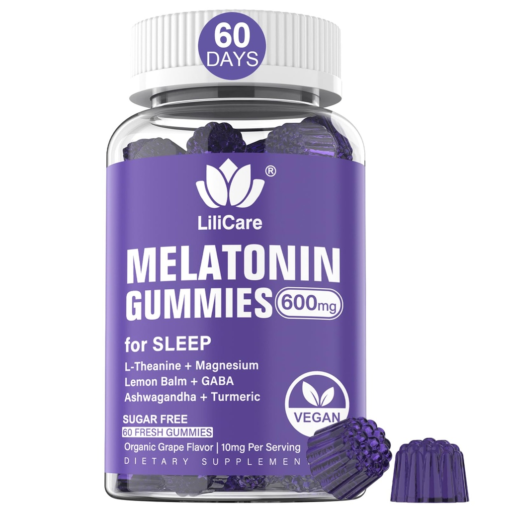 Melatonín Gummies 10mg 20mg pre dospelých, extra sila s L-Theanine, Ashwagandha, horčík, Turmerica, GABA, citrónový balm a harmanček na podporu zdravia circadian Rhythm, Vegan Grape Flavor