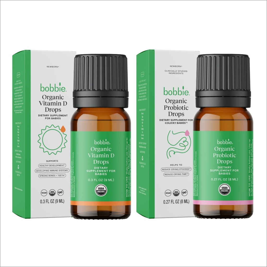 Bobbie Organic Baby Vitamín D a probiotické kvapky Bundle, Daily Liquid Supplements for Immune, Zuby, Kosti a trávenie Zdravie Podpora novorodencov a dojčiat, Vegan, Infant-Freendly Formula