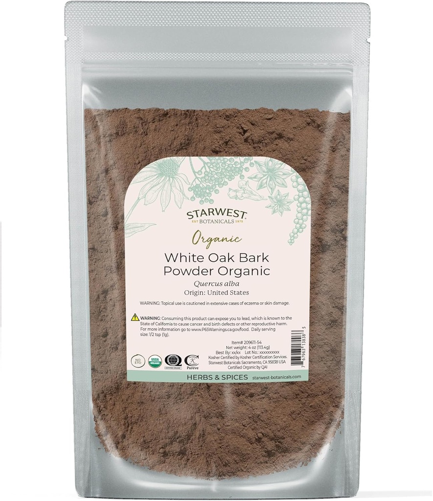 Starwest Botanicals White Oak Bark Powder Organic - Sušený Herb na čaj a prírodné bylinné zmesi, Pure Quercus Alba, Certified Kosher, Non-GMO - 4 oz Pouch
