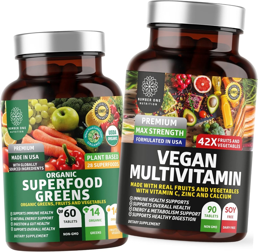 Number One Nutrition N1N Premium Plant-Based Multivitamín [86 výkonných zložiek] a Organic Superfood Greens [28 výkonných zložiek], na podporu zdravia Gut a celkovej wellness, 2 balenie
