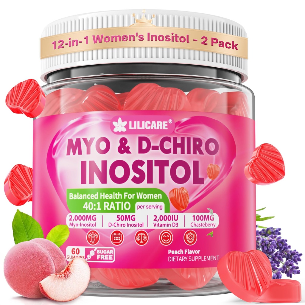 Inozitol Gummies for Women + Chasteberry, Myo-Inozitol & D-Chiro Inozitol 2000mg + 50mg Ideal 40:1 pomer s metylovaným B12 a folátom, cholínom, horčíkom, vitamínom D3 pre celkové zdravie, balenie 2
