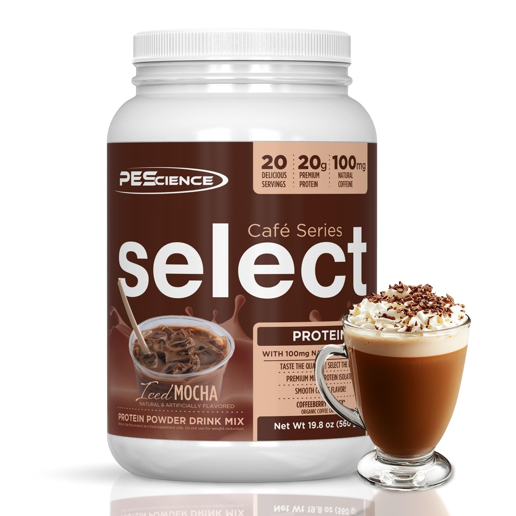 PEScience Select Cafe Protein Coffee Ochutený prášok, Iced Mocha, 100mg kofeín, 20g Iced Protein Coffee Powder alebo Creamer, 20 Servings