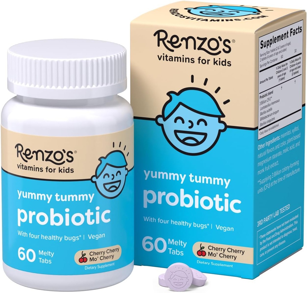Renzo's Kids Probiotic, Dissolvable Probiotics for Digestive Health & Immune Support, 60 Cherry-Flavored Melty Tabs