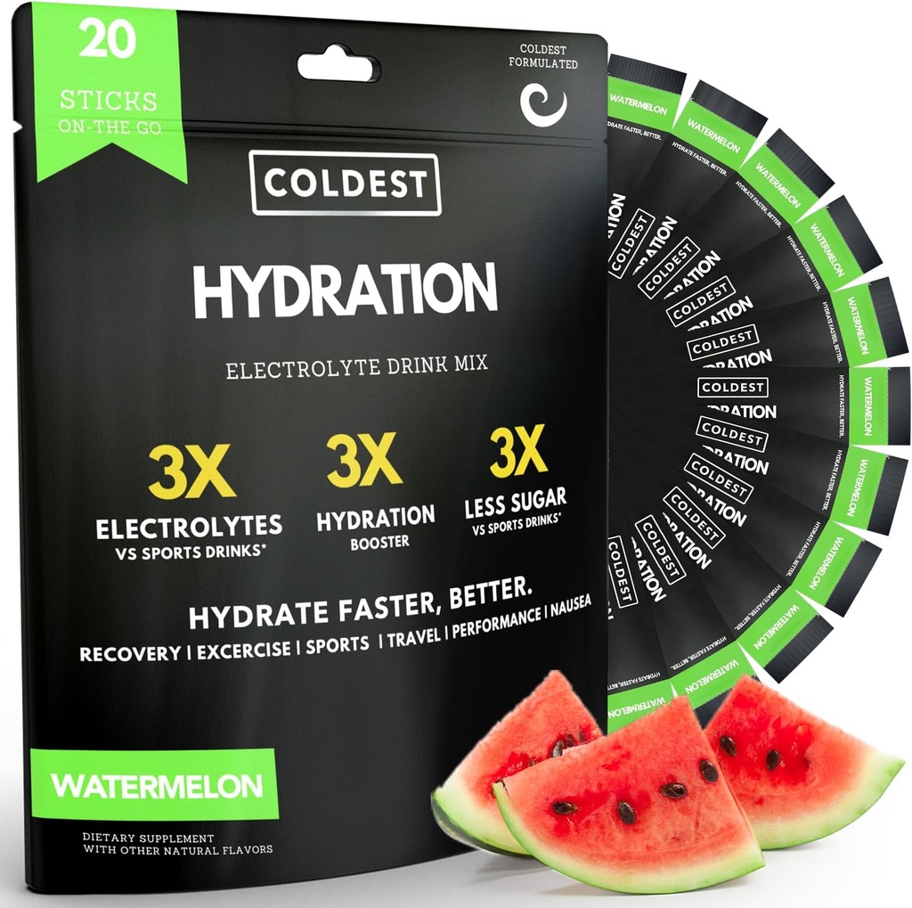 Najchladnejšia hydratácia - Powder Pakets - Non GMO & No Umelý cukor - Electrolyte Drink Mix - Jednoduché otvorenie jednoslúchadlom Stick kvapka vo vode - 20 Sticks v balení (Watermelon)