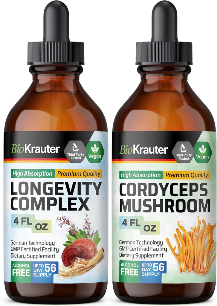 BIO KRAUTER Longevity Mushrom Tincture 4 Fl. Oz. & Cordyceps Mushrom Tincture 4 Fl. Oz.