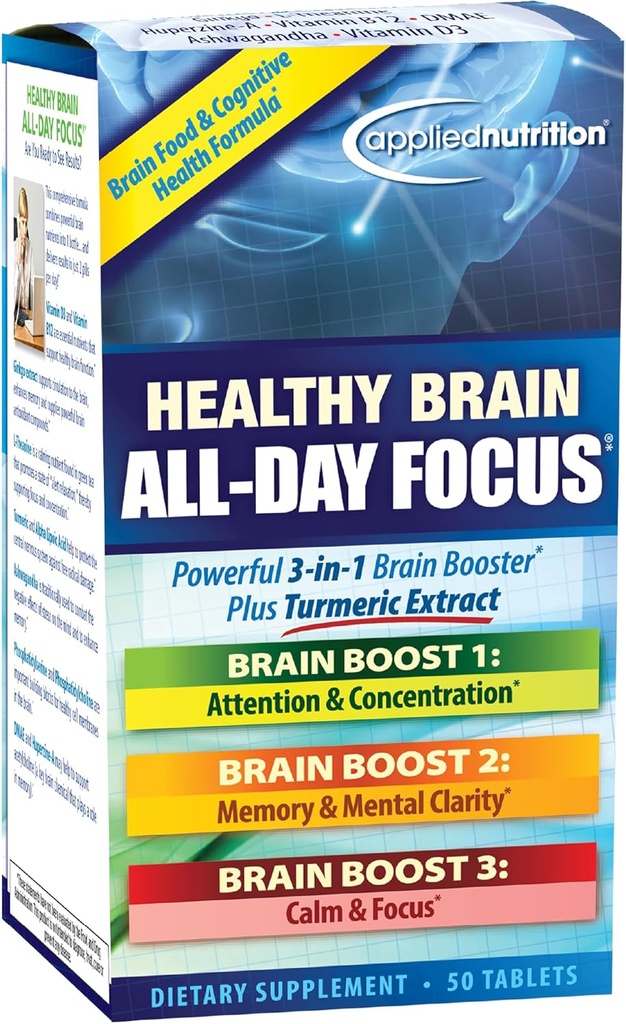 Applied Nutrition Healthy Brain All- Day Focus - 50 tabliet - Výkonný 3-in-1 Mozog Booster s Turmeric extrakt - 25 slúži