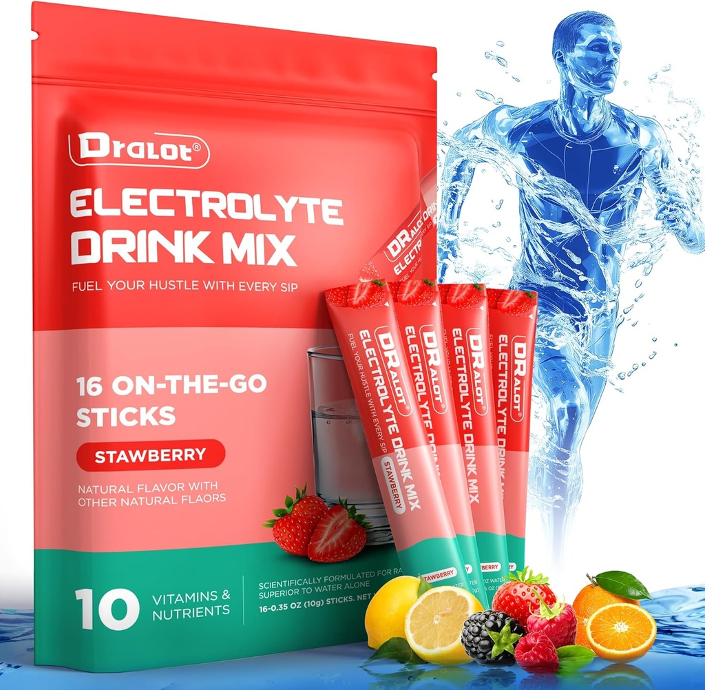 Prášok z bezcukrových elektrolytov s prírodnými príchuťami, 3X rýchlosýtené hydratačné balíčky s 10 Electrolytmi a vitamínmi, liquid Daily IV, non-GMO, Gluten-free, Keto, Vegan, 16 tyčiniek, Jahodová
