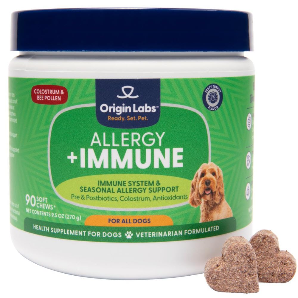 Origin Labs Alergia a Imunitná podpora Supplement, Omega 3 Rybí olej, Včela Pollen, Colostrum, Probiotiká, Prebiotiká pre zdravie Gut, Skin and Coat Health, Antioxidants, Turkey Flavor, 90 Soft Chews