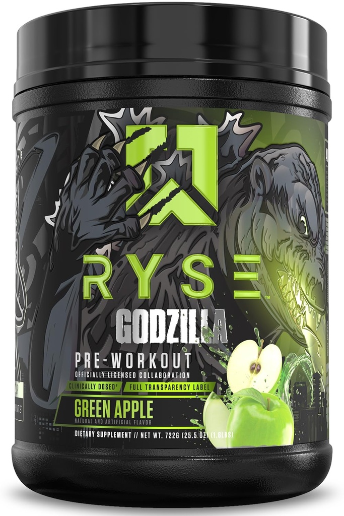RYSE Godzilla X Noel Deyzel Pre Cvičenie Powder - Zelené jablko - 400mg kofeínu, High Stim Pre-Pracovné pre mužov a ženy s Citruline & Beta Alanyne - Energy, Pump & Focus - 20/40 Servisné služby