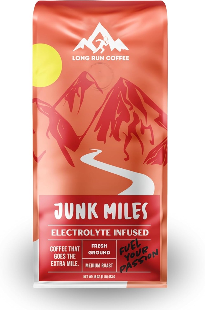 Junk Miles - Medium Roast - Infunded with Electrolytes Powder - Athlete Hydration - Káva pre bežcov - Keto Electrolytes: Sodík, vápnik, horčík, & Draslík (Ground, 16 Oz)