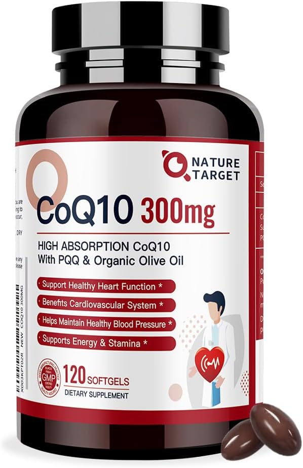 NATURE TARGET CoQ10-300mg-Softgels + PQQ with Organic-Olive-Oil - High Absorption-Coenzyme-Q10 - Antioxidant-for-Heart-Health and Immune Support, Energy Production, 120 Servings