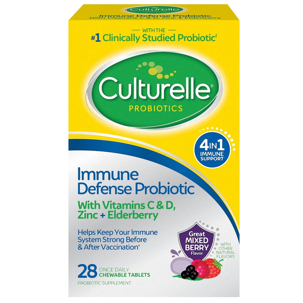 Culturele Immune Defense Daily Probiotic for Women & Men - 28 gróf, Zmiešané Berry Chewables so 4-in-1 Immune Support. Probiotický vitamín C, vitamín D a zinok Plus baza
