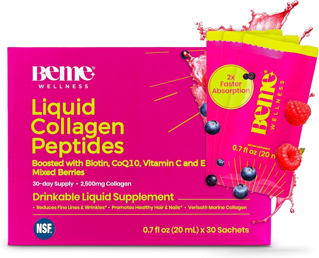 BeMe Liquid Collagen for Women - 2500mg Verisol hydrolyzovaný Marine Liquid Collagen - Klinicky testované kolagénové doplnky - Rýchla absorpcia, vysoká biologická dostupnosť - Podporuje pokožku, vlasy a nechty