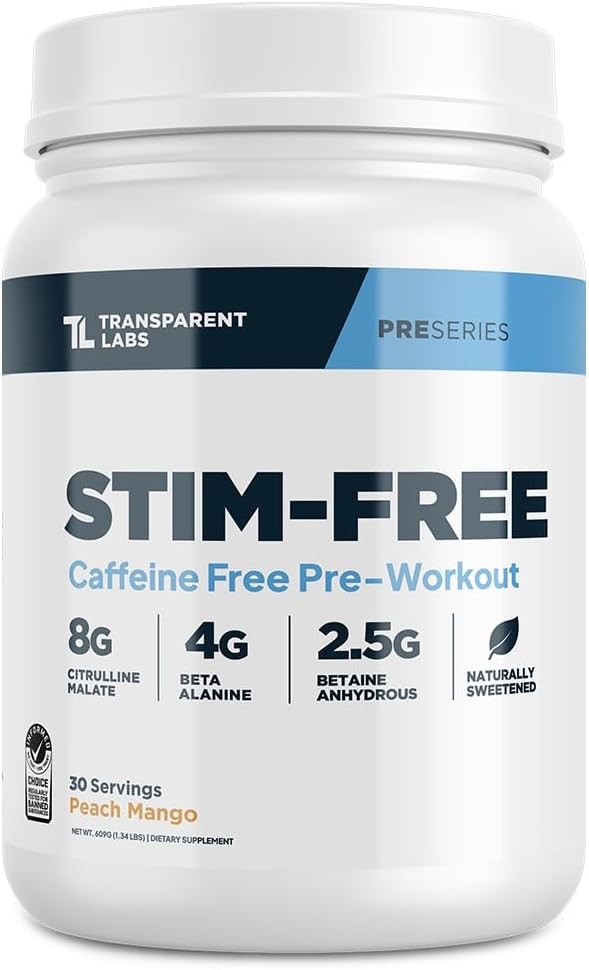 Transparentné Labs Stim-free pre-práce - kofeín & Stim zadarmo pred tréningu prášok prirodzene sladené pre mužov a ženy s Beta Alanyne prášok, Citruline malate, & ElevATP - 30 Servings, Peach Mango