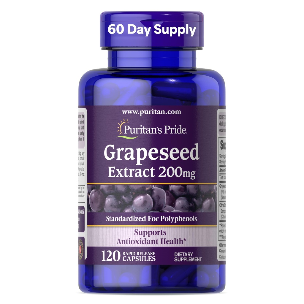 Puritán Pride Grape Seed Extract 200mg, Dietary Supplement for Antioxidant and Heart Health Support, 2 Month Supply, 120 Rapid Release Kapsule