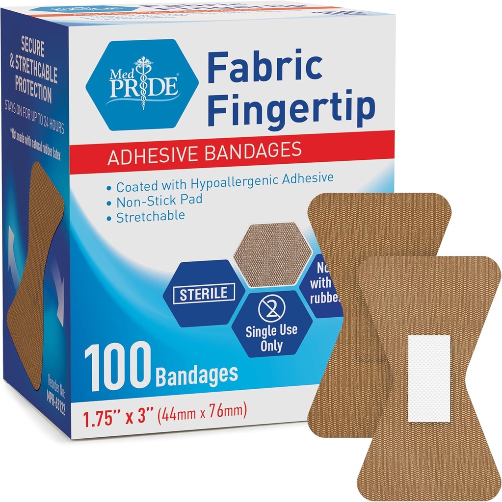 MED PRIDE Sterilné Fingertip tkaniny pásy 1.75in X 3in Hypoalergénna adhezíva bez latexu 100 Počet
