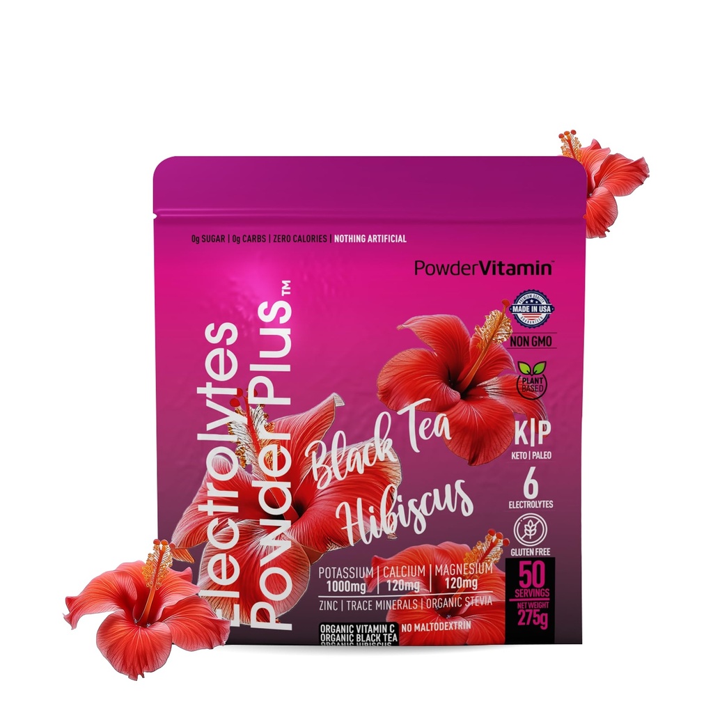 Prášokvitamín Electrolytes Powder Plus (50 Servings) Čierny čaj Hibiscus Electrolyte Powder Keto, bez cukru, Ružová himalájska soľ, 1000mg Draslík, 120mg Vápnik, 120mg horčík, Hydračný prášok