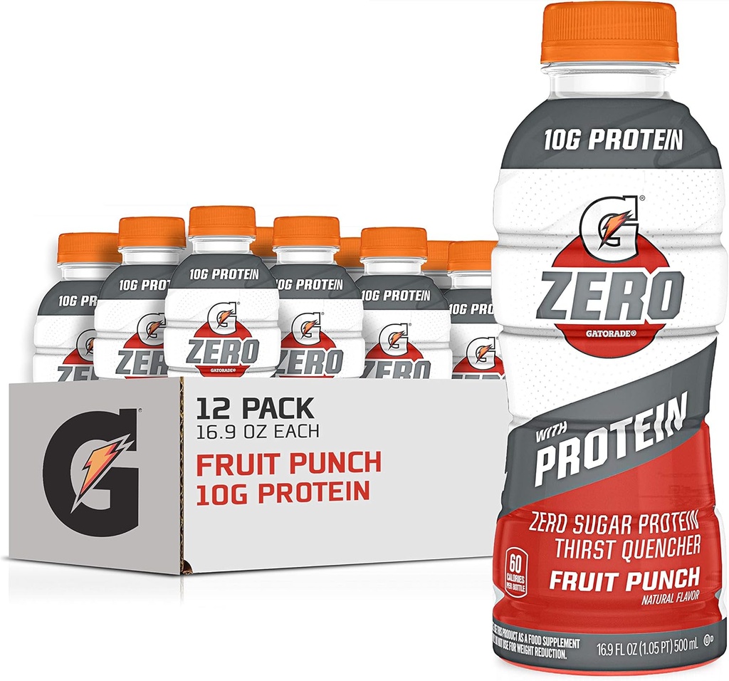 Gatorade Zero With Protein, 10g Wheey Protein Isolát, Zero Sugar, Electrolytes, Fruit Punch, 16,9 Fl Oz, 12 balenia