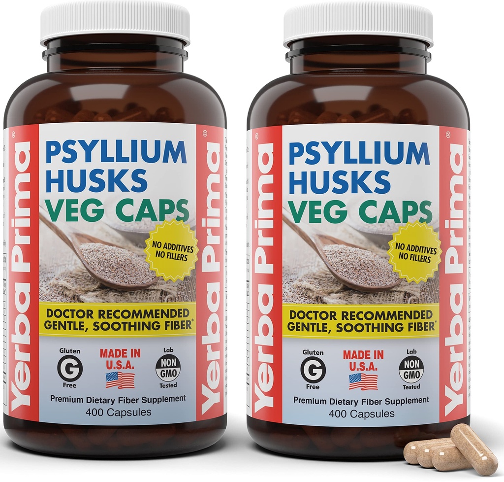 Yerba Prima Psyllium Husks Veg Caps, 400 Kapsule (625 mg) (Stock of 2) - Vegan, Non-GMO, Gluten Free, Colon Cleanser, Daily Fiber Supplement for Gut Health & Regularity