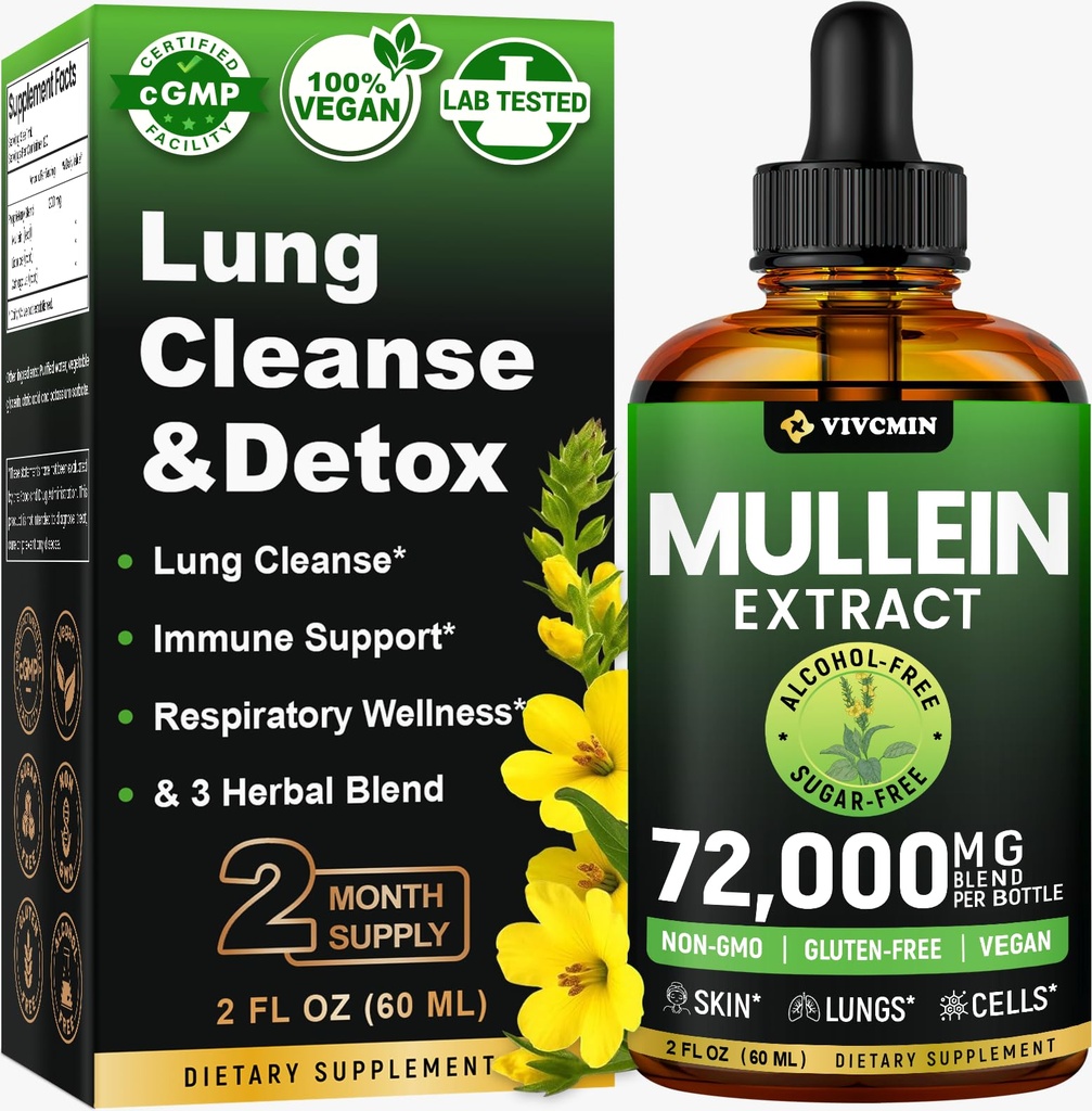 Mullein kvapky pre pľúca, 3-v-1 Mullein Leaf extrakt pre pľúca zdravie, bylinné respiračné pľúca zdravotné doplnok, podpora imunitné a tráviace wellness, cukor a alkohol-free - 2 FL OZ